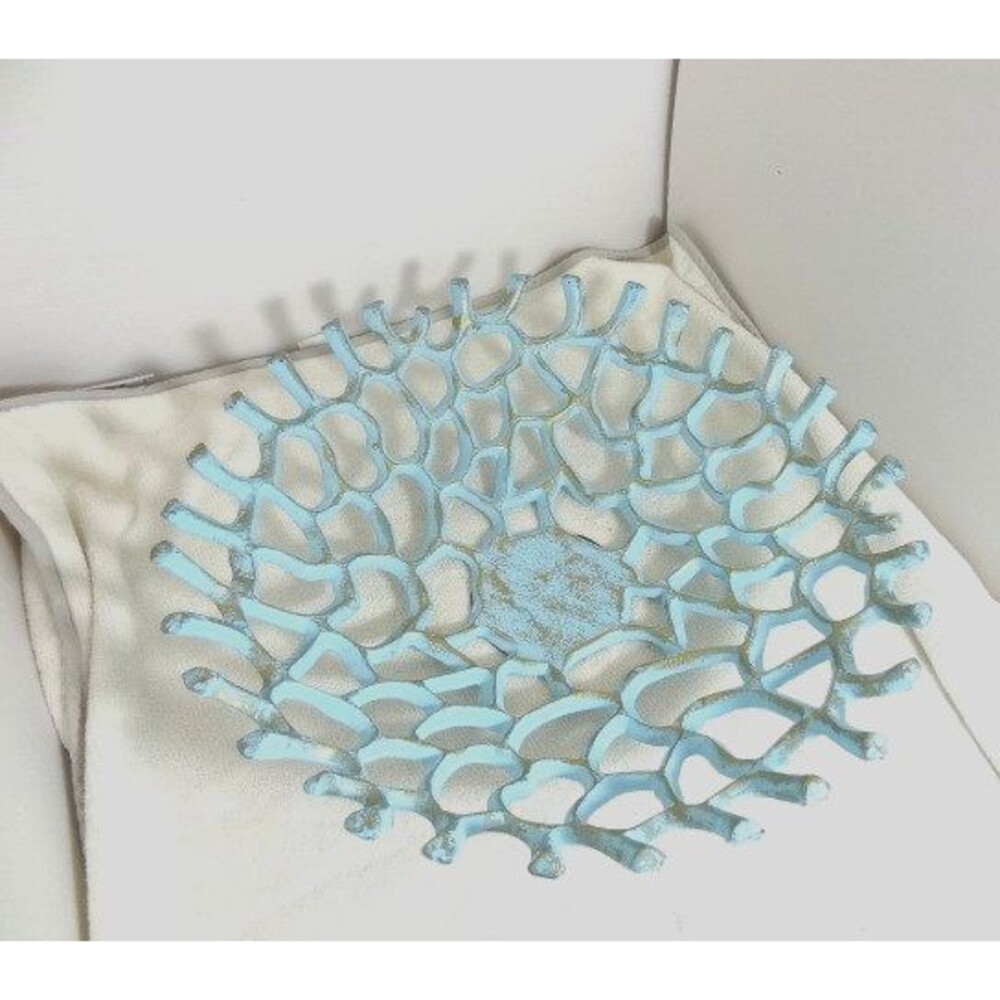 Round Coastal Coral Branch Pale Blue Metallic Gilded Gold Bowl 16 Inch Diameter